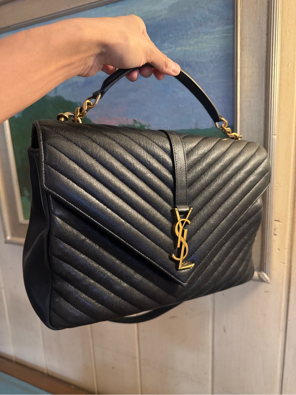 Saint Laurent Black Quilted Leather Satchel with Gold YSL Hardware